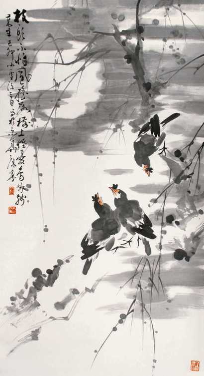 康宁 风景八哥 立轴